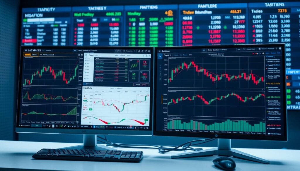 A modern, sleek trading platform showcased on high-resolution dual monitors, displaying real-time charts, order books, and customizable analytical tools. The foreground features a clean, minimalist user interface with intuitive controls, while the middle ground presents specialized indicators, oscillators, and strategy testing modules. The background depicts a sophisticated data terminal, with tickers, news feeds, and market data streams creating a sense of a dynamic, technology-driven trading environment. Soft, diffused lighting illuminates the scene, conveying a professional, focused atmosphere conducive to successful trading decisions.