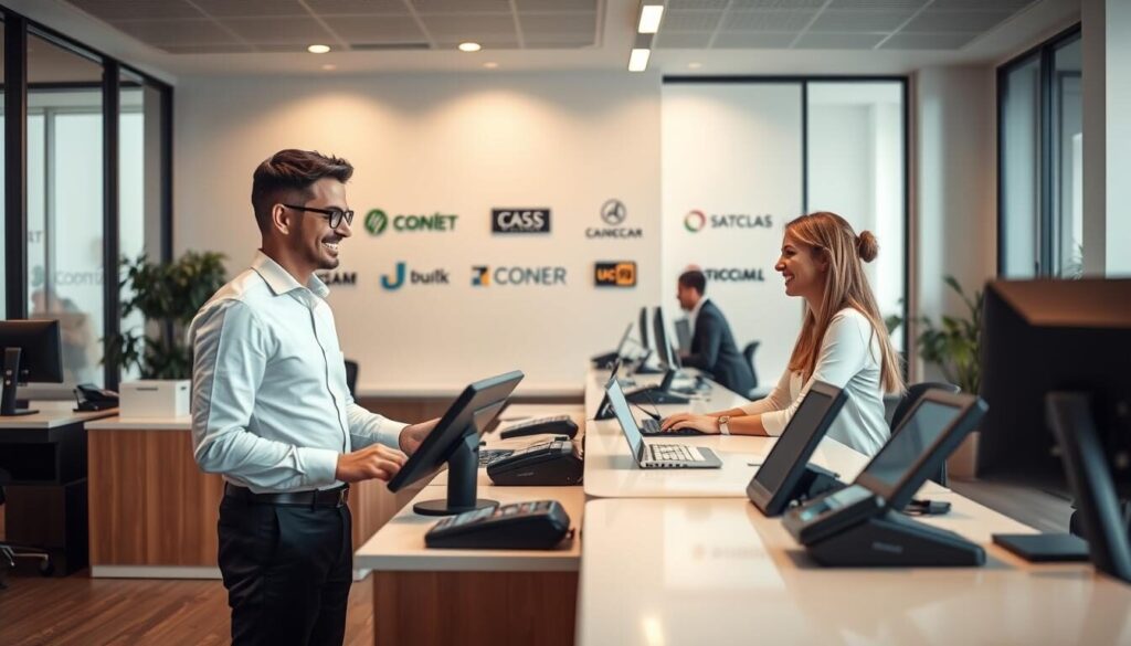 A modern, well-equipped customer service office with a sleek, minimalist aesthetic. In the foreground, a professional customer service agent in a crisp white shirt and navy slacks assists a client, their expressions warm and engaged. On the desk, an array of payment processing devices and terminals, reflecting the diverse payment options available. Behind them, the middleground features a clean, neutral-toned wall adorned with tasteful corporate branding and logos, conveying a sense of trust and reliability. The background showcases floor-to-ceiling windows, allowing natural light to flood the space and create a bright, airy atmosphere. The overall scene exudes a tone of professionalism, efficiency, and a commitment to customer satisfaction.