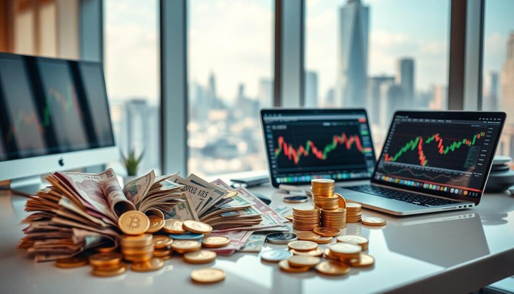A vibrant financial marketplace with a diverse range of trading instruments displayed on a sleek, modern desk. The foreground features a collection of currency notes, gold bullion, stock certificates, and cryptocurrency tokens, arranged in an aesthetically pleasing manner. The middle ground showcases various electronic trading devices, such as a high-resolution monitor, a state-of-the-art laptop, and a professional-grade digital trading platform. The background subtly depicts the cityscape outside, hinting at the global nature of the financial markets. The lighting is soft and warm, creating a sense of sophistication and professionalism. The overall composition conveys the dynamism and versatility of the trading world.