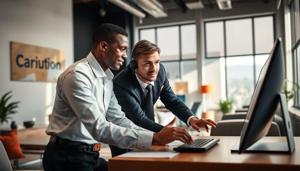 A well-lit, modern office scene with a customer service representative assisting a client in navigating an intuitive, desktop-based platform. The agent, dressed in formal attire, is leaning forward with an attentive expression, guiding the client through the user-friendly interface. The background features muted tones, sleek furniture, and subtle branding elements, creating a professional and approachable atmosphere conducive to effective customer education. Natural lighting filters in through large windows, illuminating the scene and casting soft shadows. The camera angle is slightly elevated, capturing the interaction from an angle that emphasizes the collaborative nature of the support experience.