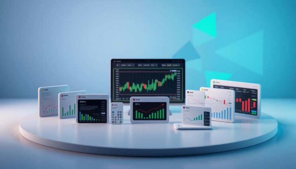 3d render of forex account types, minimalist and modern design, high contrast and sharp focus, studio lighting with soft shadows, isometric perspective, foreground shows various trading accounts like standard, micro, mini, demo, etc, middle ground has charts and data visualizations, background has abstract geometric patterns and shapes in shades of blue and green, clean and professional aesthetic to convey liquidity, execution and account type concepts