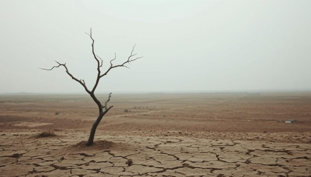 A barren landscape stretches out, the horizon line barely visible through a hazy, desaturated atmosphere. In the foreground, a lone, stunted tree stands, its twisted branches reaching skyward in a futile gesture. The soil is cracked and dry, devoid of any vibrant vegetation. A sense of stagnation and limited potential permeates the scene, captured in a muted color palette and soft, diffused lighting, as if the very air carries a weight of diminished possibilities. The composition conveys a stark, melancholic mood, mirroring the drawbacks of trading without leverage - a constrained, restricted path forward with limited growth and opportunity.