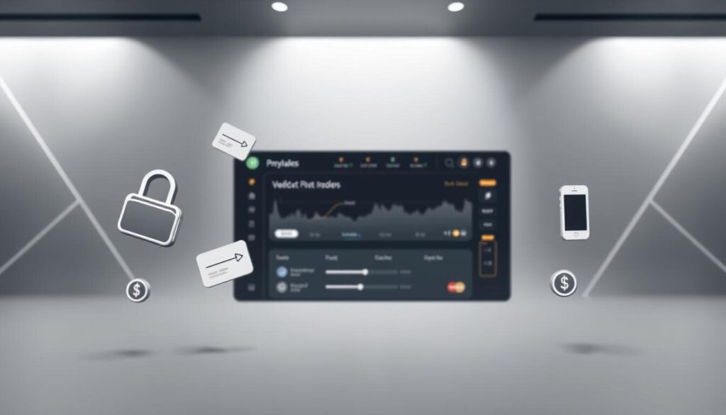 A beautifully designed financial dashboard showcasing various payment methods for traders. In the foreground, sleek digital wallet icons, credit card images, and mobile payment symbols float against a minimalist, monochromatic background. The middle ground features a streamlined interface with intuitive buttons and sliders, hinting at the seamless transaction experience. The background is adorned with subtle geometric patterns and soft lighting, creating a professional, high-tech atmosphere. The overall composition conveys a sense of security, efficiency, and the comprehensive suite of payment options available to modern traders.