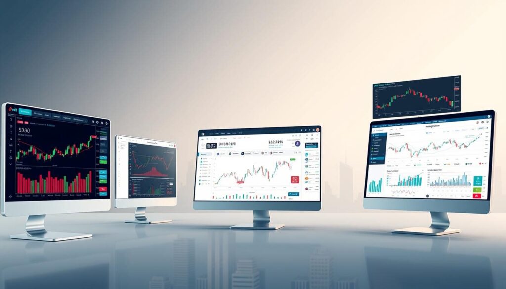 A beautifully detailed comparison of leading trading platforms, presented in a sleek and contemporary style. The foreground showcases the distinct interfaces of several top platforms, each with its own unique layout, color palette, and feature set. The middle ground depicts dynamic charts, live market data, and intuitive tools, all designed to facilitate seamless trading experiences. The background lends a sense of depth, with a minimalist cityscape or abstract geometric patterns, creating a visually striking and informative illustration. Lighting is soft and even, with a touch of directional highlights to accentuate the key elements. The overall mood is one of professionalism, technological sophistication, and user-centric design.