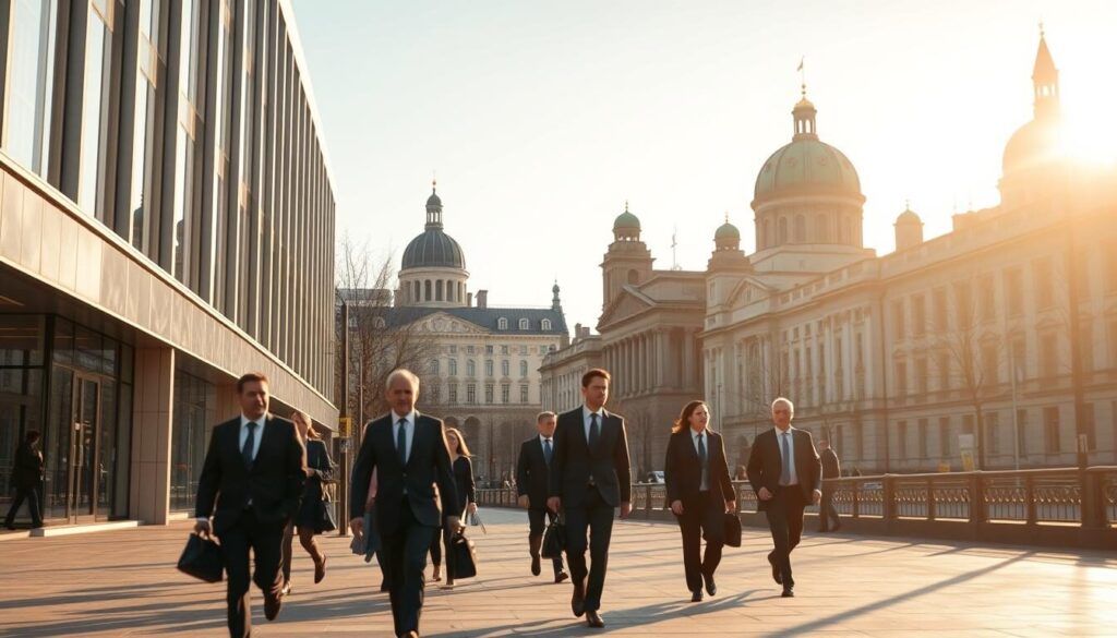 A bustling Finnish cityscape, bathed in a soft, golden light. In the foreground, a sleek, modern office building with clean lines and large windows, symbolizing the professionalism and transparency of Finland's financial regulatory bodies. In the middle ground, a group of businesspeople in suits stride purposefully, conveying a sense of order and efficiency. In the background, the iconic spires and domes of Helsinki's historic architecture, juxtaposing the old and the new, reflecting Finland's rich heritage and progressive approach to financial regulation. The scene is captured with a shallow depth of field, emphasizing the attention to detail and precision that characterizes the Finnish regulatory landscape.