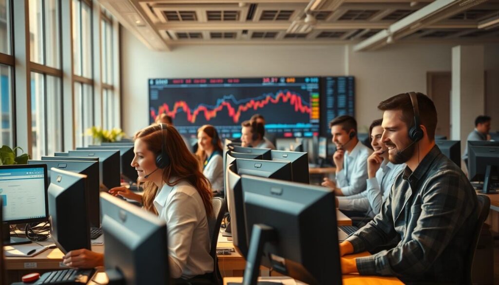 A bustling Forex customer support office, bathed in warm, natural lighting filtering through large windows. In the foreground, a team of friendly, professional agents engaged in animated discussions with clients, their expressions focused and empathetic. The middle ground features rows of desks with state-of-the-art computers and communication equipment, creating an atmosphere of efficiency and technical expertise. In the background, a large display showcases real-time market data, underscoring the dynamic nature of the Forex trading environment. The overall scene conveys a sense of trust, competence, and a commitment to providing exceptional customer service.