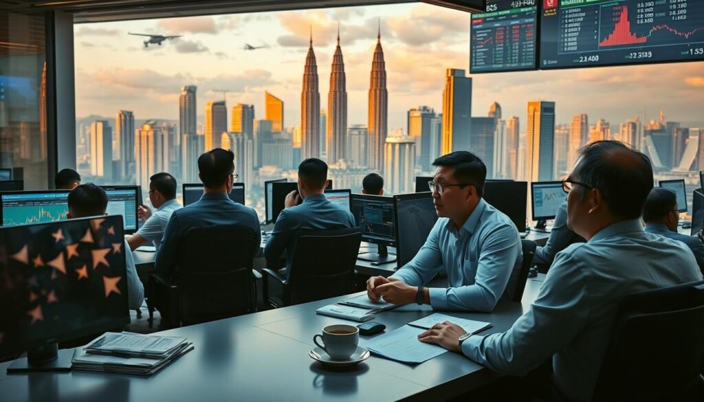 A bustling Malaysian forex trading floor, with brokers and analysts intently monitoring digital displays showcasing the latest market data. Overhead, a panoramic view of the Kuala Lumpur skyline, its towering skyscrapers bathed in warm evening light. In the foreground, a sleek, minimalist desk adorned with trading terminals, finance journals, and a steaming cup of coffee. The atmosphere is one of focus and intensity, as the ebb and flow of the global currency markets is reflected in the determined expressions of the traders. Crisp, high-contrast lighting illuminates the scene, capturing the dynamic nature of the Malaysian forex landscape.