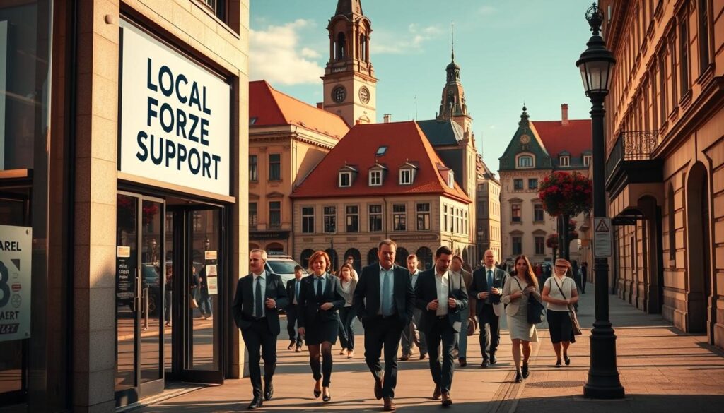 A bustling Swedish city street, bathed in warm afternoon sunlight. In the foreground, a modern office building with a prominent sign reading "Local Forex Support". In the middle ground, well-dressed traders hurry along the sidewalk, engaged in animated conversations. The background features iconic Swedish architecture, with red-tiled roofs and ornate facades. A sense of professionalism and attention to customer service pervades the scene, reflecting the high-quality local support available to Swedish forex traders.