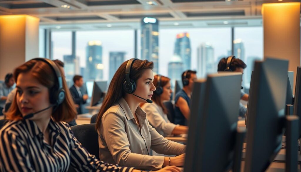 A bustling call center, with employees donning headsets and diligently addressing customer queries. The soft glow of computer screens illuminates their focused expressions, as they navigate intricate software interfaces. In the background, a towering skyline of gleaming office buildings, symbolic of a thriving, customer-centric organization. The lighting is warm and inviting, creating a sense of professionalism and efficiency. A wide-angle lens captures the scene, showcasing the coordinated effort and attention to detail that exemplifies customer service excellence.