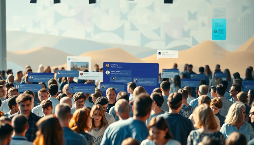A bustling community forum with vibrant discussions and user feedback. In the foreground, a diverse array of avatars and profile pictures representing active members. In the middle ground, threads and comment sections scroll organically, conveying the lively exchange of ideas and opinions. The background features an abstract digital landscape with subtle grid patterns and interface elements, hinting at the technology powering the online community. The scene is illuminated by a warm, natural light, creating a sense of openness and approachability. An overall atmosphere of engagement, collaboration, and user-driven insight pervades the image.