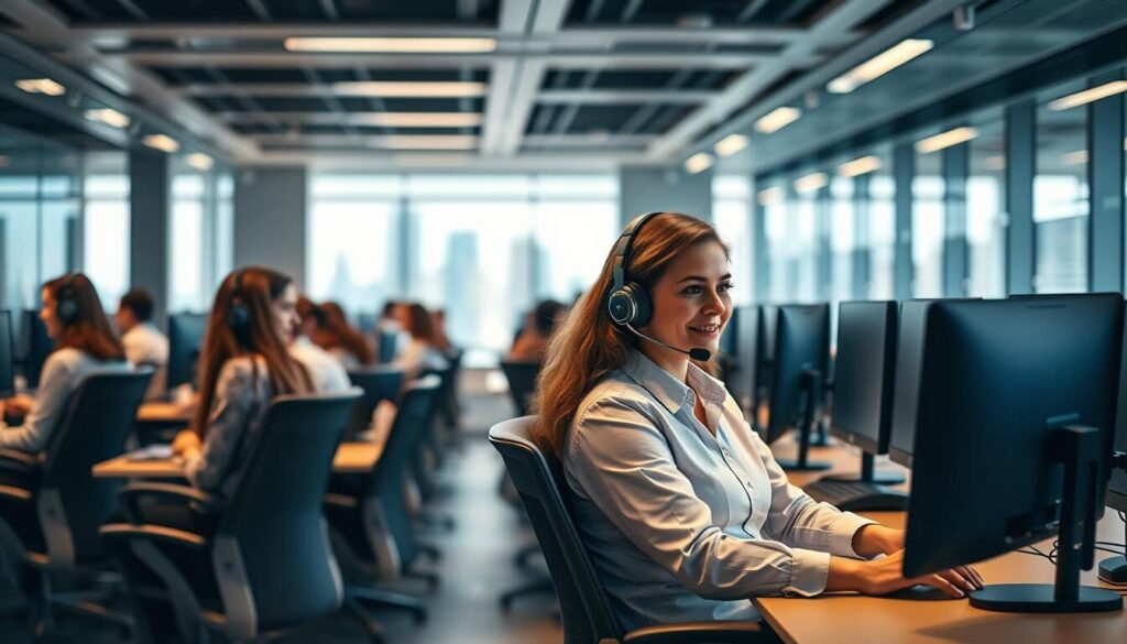 A bustling customer service center, with rows of desks and ergonomic chairs occupied by attentive agents, their headsets and screens illuminating the scene. Soft, warm lighting casts a comforting glow, while the backdrop depicts a sleek, modern office interior with floor-to-ceiling windows overlooking a cityscape. The atmosphere is one of professionalism and efficiency, with agents actively engaged in resolving queries and addressing concerns, their expressions conveying empathy and a commitment to providing a positive user experience.