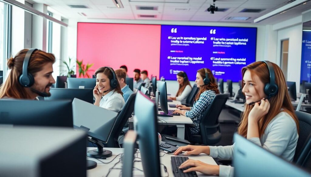 A bustling customer support team working diligently in a modern, well-lit office setting. In the foreground, several representatives are engaged in friendly, focused conversations with clients over headsets, their faces exuding a sense of professionalism and empathy. The middle ground features neatly organized desks, monitors, and ergonomic chairs, creating an efficient and streamlined workspace. In the background, a vibrant wall display showcases positive user testimonials, conveying the broker's commitment to exceptional customer service. The overall scene radiates a sense of productivity, attention to detail, and a genuine dedication to meeting the needs of the broker's clientele.