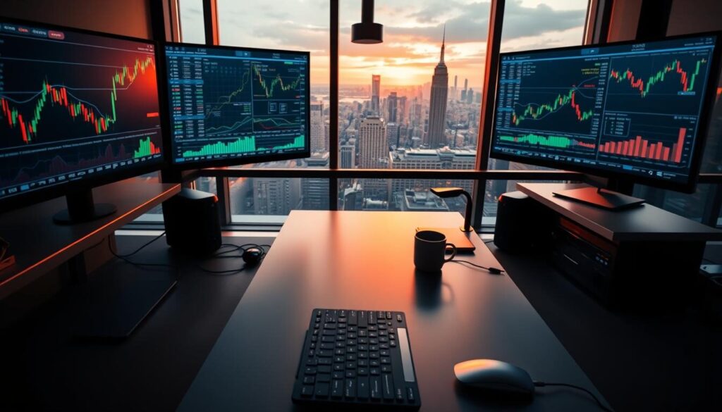 A bustling digital workspace with various trading platforms displayed on sleek monitors. The foreground features a modern, minimalist desk setup with a keyboard, mouse, and a cup of coffee. In the middle ground, multiple charts, graphs, and trading interfaces fill the screens, reflecting the real-time pulse of the financial markets. The background showcases a panoramic view of a city skyline, hinting at the global reach of these digital tools. The lighting is warm and focused, creating a professional and productive atmosphere. The overall composition conveys the sophisticated and dynamic nature of the trading experience.