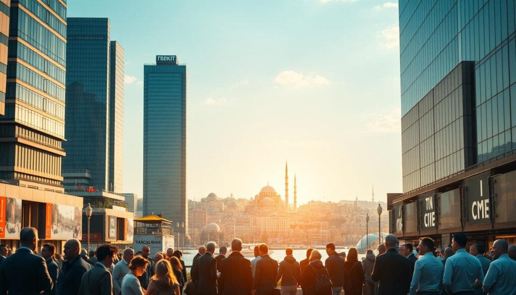 A bustling financial district in Istanbul, Turkey, with towering skyscrapers and modern architecture. In the foreground, a group of people engaged in lively discussions, representing the vibrant forex trading community. The midground depicts regulatory bodies and government officials overseeing the financial landscape, symbolizing the complex web of laws and policies that shape the forex market. The background features a panoramic view of the Bosphorus Strait, with the historic Sultanahmet Mosque and other iconic landmarks, creating a sense of place and cultural context. The scene is illuminated by warm, golden hues, conveying a sense of stability and confidence in the regulatory environment.