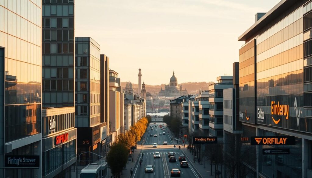 A bustling financial district in Oslo, Norway, under the watchful eye of Finanstilsynet, the national financial supervisory authority. In the foreground, a row of modern high-rise buildings housing regulated forex brokers, their logos and signage clearly visible. Midground, pedestrians and vehicles move through the streets, reflecting the vibrant activity of the financial hub. In the background, the iconic landmarks of the city skyline, including the Oslo Opera House, create a striking backdrop. The scene is bathed in warm, golden sunlight, conveying a sense of stability and security in the regulated forex industry.
