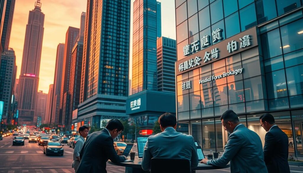 A bustling financial district in Taipei, Taiwan, with towering skyscrapers bathed in warm evening light. In the foreground, a group of well-dressed forex traders huddled around a table, analyzing charts and discussing trading strategies. Nearby, a sleek, modern office building with a prominent sign for a reputable forex brokerage firm. The scene conveys a sense of professional expertise, financial acumen, and the vibrant energy of the Taiwanese forex market. Captured with a wide-angle lens to provide context, the image highlights the importance of selecting the right broker for Taiwanese traders seeking to navigate the complexities of the global currency exchange.