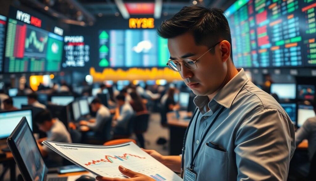 A bustling financial trading floor, filled with the energy of dynamic market activity. In the foreground, a trader carefully examines a heatmap, studying the intricate patterns of trading fees and their impact on profits. The middle ground features a panoramic view of the trading desks, with traders intently focused on their screens, their expressions a mix of concentration and determination. The background is illuminated by the warm glow of large display screens, providing real-time market data and analytics. The overall scene conveys the critical importance of understanding and managing trading fees in the pursuit of successful forex trading in Asia.