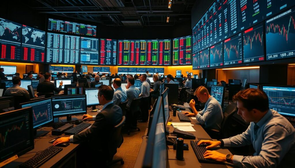 A bustling forex trading floor, bathed in the warm glow of computer screens and the hum of activity. In the foreground, a group of traders intently monitor live currency charts, fingers dancing across keyboards as they execute trades. In the middle ground, brokers confer with clients, explaining complex market movements with the aid of interactive displays. In the background, a wall of screens displays real-time market data, the ebb and flow of global currencies reflected in a dazzling array of graphs and statistics. The atmosphere is one of focused intensity, as professionals navigate the constantly shifting landscape of the forex market.