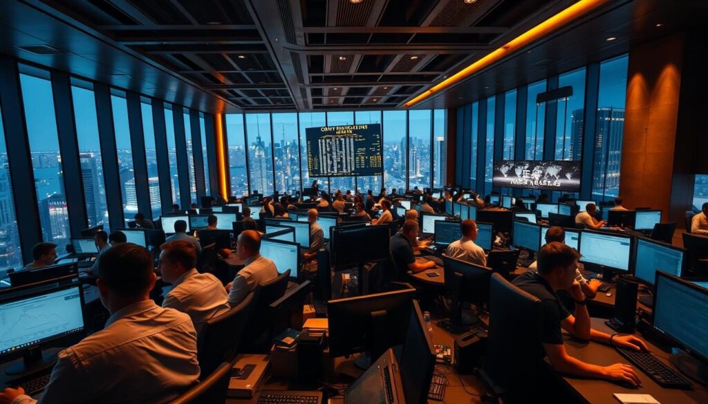 A bustling international forex trading floor, illuminated by warm overhead lighting and dramatic shadows. In the foreground, a group of diverse traders intently monitoring multiple screens, hands on keyboards, faces concentrated. In the middle ground, a panoramic view of the trading room, with rows of desks, traders, and state-of-the-art technology. The background features a sleek, modern architecture with large windows overlooking a vibrant cityscape. The atmosphere exudes a sense of global connectivity, financial power, and the excitement of the international forex markets.