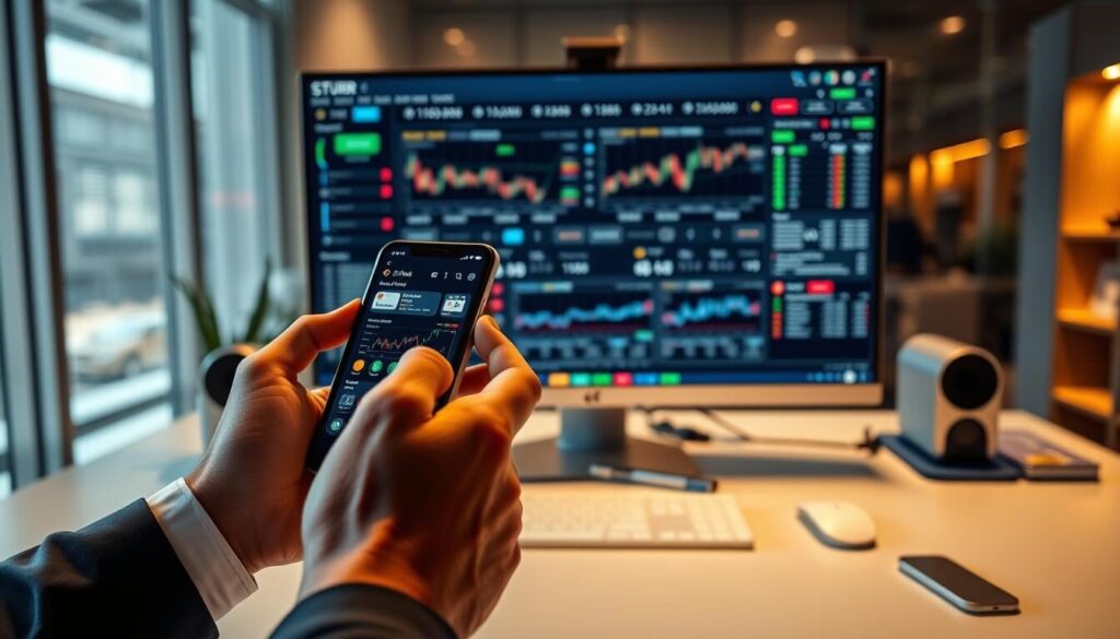 A bustling mobile trading desk set against a sleek, modern office backdrop. In the foreground, a user's hands deftly navigate a smartphone trading app, with real-time market data and analytics displayed on the screen. The middle ground features a high-resolution monitor showcasing a comprehensive trading dashboard, replete with interactive charts, order books, and news feeds. The background is illuminated by a warm, ambient lighting that creates a professional, focused atmosphere. The overall composition conveys a sense of efficiency, control, and the seamless integration of technology into the trading experience.