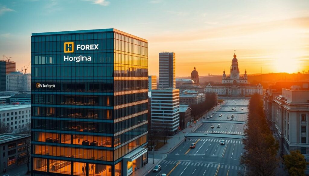 A bustling, modern Ukrainian city skyline at golden hour, with the iconic Kyiv Pechersk Lavra monastery in the distance. In the foreground, a sleek, high-rise office building housing a reputable forex brokerage firm, its logo prominently displayed. The building is well-lit, with a clean, contemporary design and large windows reflecting the warm, orange-tinted sunset. In the middle ground, pedestrians and vehicles move along the streets, creating a sense of activity and economic vibrancy. The overall scene conveys a professional, sophisticated, and thriving forex industry in Ukraine.