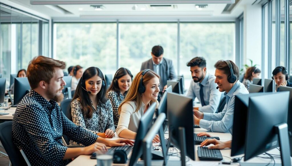 A bustling office setting with a professional customer support team engaged in dynamic discussions and problem-solving. In the foreground, a diverse group of customer service representatives sit at their desks, headsets on, faces animated as they listen intently and type furiously on their computers. In the middle ground, managers oversee the operations, conferring with team members and offering guidance. The background features a sleek, modern office environment with large windows allowing natural light to flood the space, creating a welcoming and efficient atmosphere. The lighting is soft and even, highlighting the dedicated expressions of the hardworking team members as they strive to provide exceptional customer service.