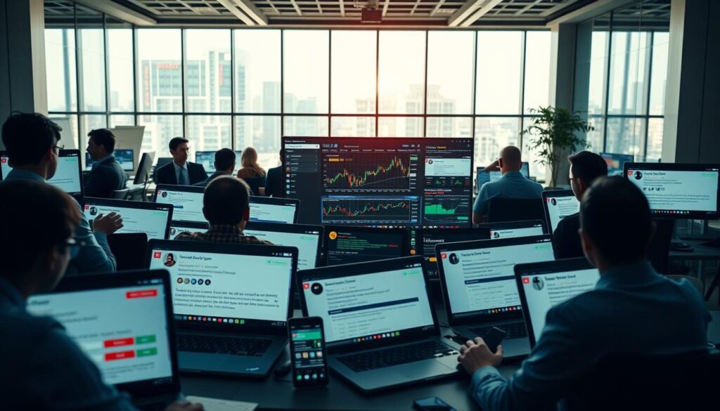 A bustling online trading environment with diverse user reviews displayed across multiple digital devices. The foreground showcases a variety of laptops, tablets, and smartphones, each featuring vibrant reviews from satisfied and dissatisfied traders. The middle ground depicts a dynamic financial dashboard, complete with real-time market data and analysis tools. In the background, a sleek, modern office setting with large windows, allowing natural light to flood the space and create a sense of transparency and openness. The overall atmosphere conveys a balance between the personal experiences of traders and the technological infrastructure that powers the trading platform, inviting the viewer to immerse themselves in the market sentiment.
