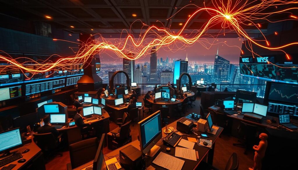 A bustling stock exchange floor, illuminated by the glow of computer screens and the energy of traders. In the foreground, a forex broker's desk, its surface cluttered with charts, graphs, and financial instruments. Overhead, a complex web of capital flows visualized as bright lines and pulses, ebbing and flowing across the room. In the background, a panoramic view of the city skyline, hinting at the global scale of the forex market. The scene is bathed in a warm, focused light, creating a sense of intensity and urgency. The overall composition conveys the dynamic, high-stakes nature of the forex broker's business, where money moves with lightning speed.