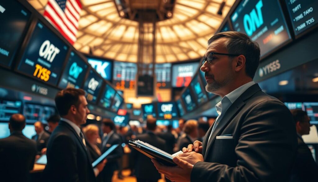 A bustling stock exchange floor, its brokers engaged in intense negotiations, surrounded by sleek digital displays showcasing financial data. In the foreground, a broker meticulously examines the options, considering the low-deposit requirements that could prove advantageous for their clients. The scene is illuminated by warm, focused lighting, casting a professional yet inviting atmosphere. The camera angle is slightly elevated, giving a panoramic view of the dynamic environment, emphasizing the importance of well-informed broker selection in the world of low-minimum-deposit trading.