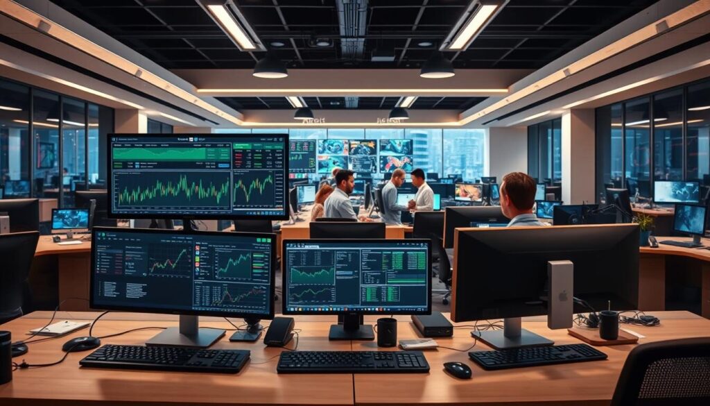 A bustling trading desk comes to life, complete with sleek dual-monitor setups, meticulously arranged financial data, and intuitive social trading interfaces. The foreground features a dynamic dashboard showcasing real-time market insights, customizable trading tools, and seamless social interaction. In the middle ground, a team of traders collaborates, sharing strategies and analyzing live market trends. The background reveals a modern, high-tech office space with bold lighting and a clean, minimalist aesthetic. The atmosphere conveys a sense of efficiency, connectivity, and a relentless pursuit of financial success through the power of social trading solutions.