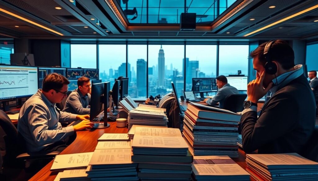 A bustling trading desk, with a panoramic view of the city skyline. Traders pore over multiple computer screens, analyzing real-time market data and charts. In the foreground, a well-curated library of investment research and educational materials, neatly organized on a large wooden desk. The atmosphere is one of focused intensity, with a sense of purpose and discovery. Soft, directional lighting casts a warm glow, highlighting the concentration on the traders' faces. The scene conveys the importance of research, education, and market analysis tools in the world of active trading.