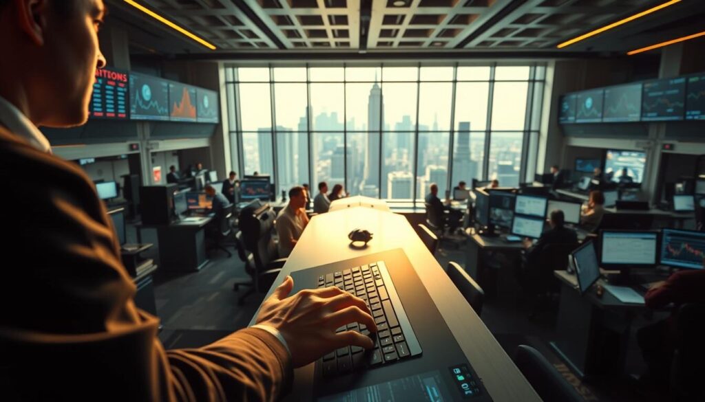 A bustling trading floor captured in soft, diffused light. In the foreground, a trader's hands dance across a sleek trading terminal, executing lightning-fast trades. The middle ground showcases a panoramic view of the trading room, with brokers intently monitoring multiple screens. In the background, the cityscape outside the large windows conveys the fast-paced, high-stakes world of global finance. The scene evokes a sense of precision, efficiency, and the relentless tempo of modern markets, where milliseconds can make the difference between profit and loss.