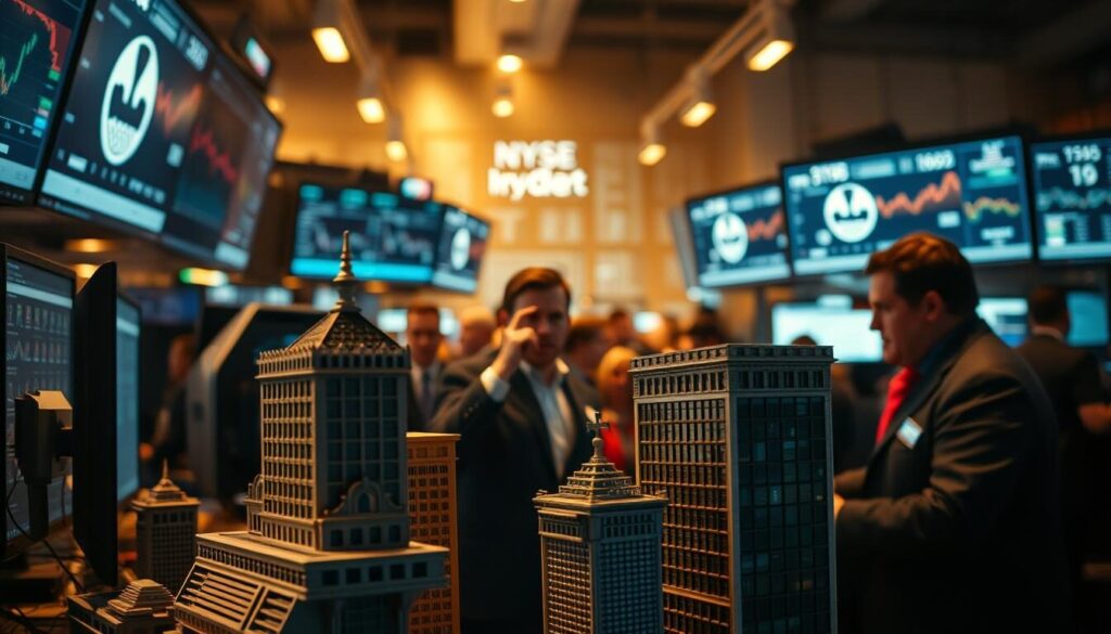 A bustling trading floor, illuminated by the glow of multiple computer screens. In the foreground, models of various trading accounts stand tall, their intricate designs and details capturing the precision and complexity of the financial instruments they represent. In the middle ground, traders gesticulate animatedly, their expressions intense as they analyze real-time market data. The background is a haze of activity, with the faint outlines of charts, graphs, and other financial data visualizations creating a sense of a dynamic, fast-paced environment. The scene is captured with a wide-angle lens, emphasizing the scale and intensity of the trading landscape, bathed in a warm, golden light that lends an air of professionalism and authority to the proceedings.