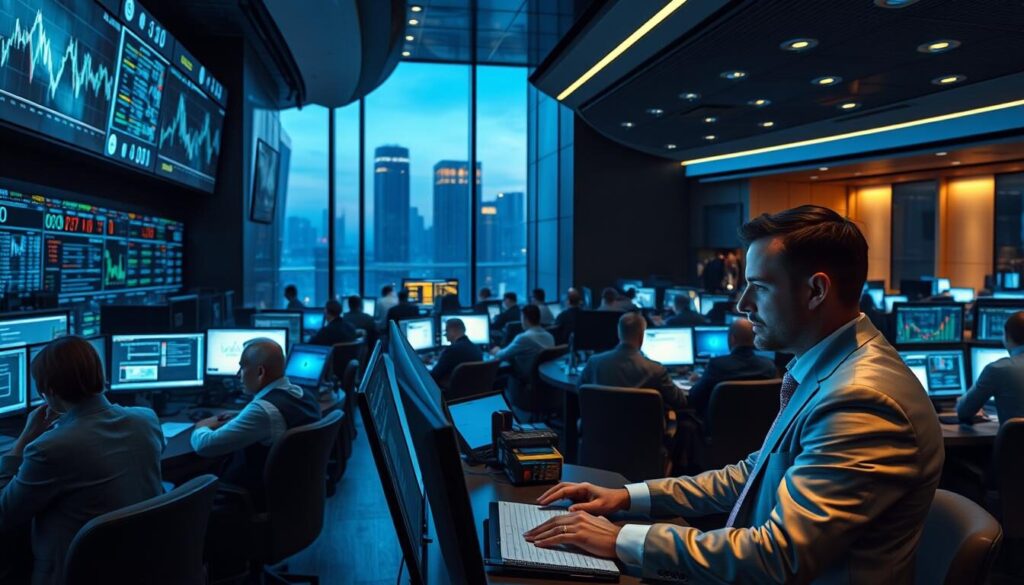 A bustling trading floor, illuminated by the soft glow of dual-screen monitors. Silver-suited brokers, their faces alight with concentration, navigate complex charts and data streams. The air hums with the rhythm of the markets, punctuated by the occasional gesture or murmur. Sleek, minimalist desks provide a canvas for the intricate dance of finance, while the panoramic windows offer a glimpse of the city skyline beyond. This is the domain of the top Forex brokers, where silver trading is elevated to an art form, driven by keen instincts, lightning-fast reflexes, and unwavering discipline.