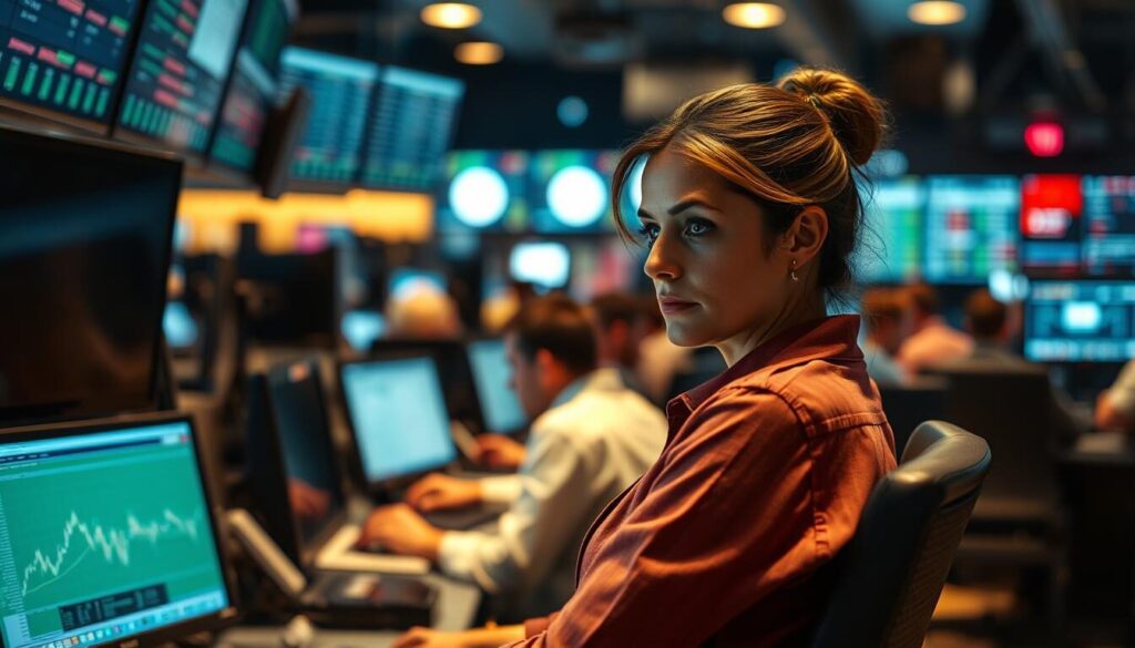 A bustling trading floor, illuminated by the soft glow of monitors. Traders hunched over their desks, fingers darting across keyboards as they analyze charts and execute orders. The air is filled with a palpable sense of focus and intensity, punctuated by the occasional murmur of conversation or the beeping of alerts. In the foreground, a trader leans back in her chair, brow furrowed in concentration as she carefully considers her next move. The background is a blur of activity, with other traders engrossed in their own trading experience, creating a dynamic and immersive scene that captures the essence of the customer's trading journey.