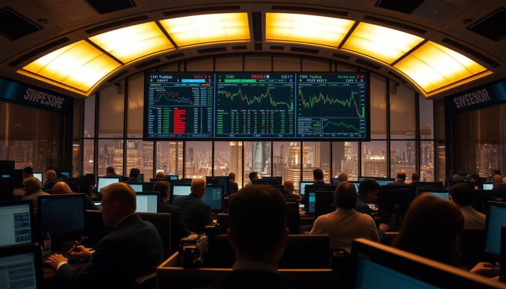 A bustling trading floor, illuminated by warm, diffused lighting from overhead skylights. In the foreground, a group of brokers intently studying computer screens, their expressions a mix of focus and determination. In the middle ground, a large trading board displays real-time market data, its complex charts and graphs reflecting the pulse of the financial world. In the background, a wall of floor-to-ceiling windows offers a panoramic view of a vibrant city skyline, symbolizing the global reach and reputation of the brokerage firm. The scene conveys a sense of professionalism, expertise, and the high-stakes world of modern finance.