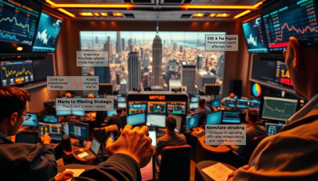 A bustling trading floor illuminated by warm, directional lighting, with traders intently focused on their screens, charts, and trading terminals. In the foreground, a trader's hands skillfully navigate various analytics and strategy tools, highlighting key metrics and optimization techniques. The middle ground features a large display showcasing a range of effective trading strategies, with annotations and visual cues guiding the viewer's attention. The background depicts a panoramic view of the cityscape, evoking a sense of the larger financial landscape. The overall atmosphere is one of concentration, dynamism, and the pursuit of maximizing trading profits.