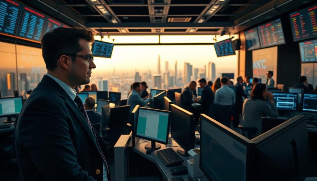 A bustling trading floor in Mexico City, with a diverse group of forex brokers engaged in dynamic market analysis. In the foreground, a trader in a sharp suit intently studies a dual-screen setup, while colleagues collaborate on trading strategies. The middle ground features an array of trading terminals and screens displaying real-time market data. In the background, a panoramic view of the city skyline, bathed in warm, golden light, sets the tone of an energetic, fast-paced financial hub. The scene conveys the expertise, focus, and collaborative spirit of Mexico's forex trading community.