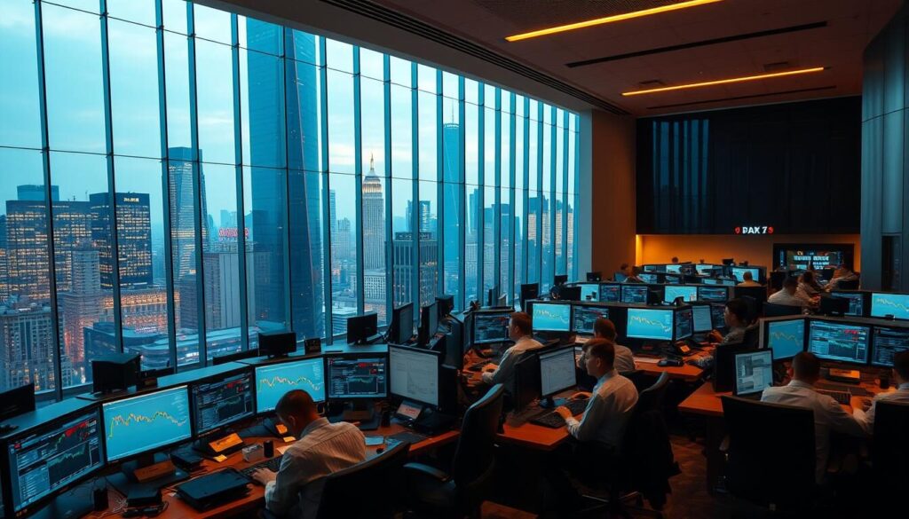 A bustling trading floor in a modern financial district, with rows of traders intently focused on their dual-screen setups. The room is bathed in a warm, ambient light, casting a soft glow on the sleek, minimalist workstations. In the background, a towering glass façade offers a panoramic view of the city skyline, reflecting the ever-changing market data displayed on the traders' screens. The atmosphere is one of intense concentration, punctuated by the occasional flurry of activity as orders are placed and positions adjusted. The overall scene conveys the energy and dynamism of the global financial markets in the year 2025.