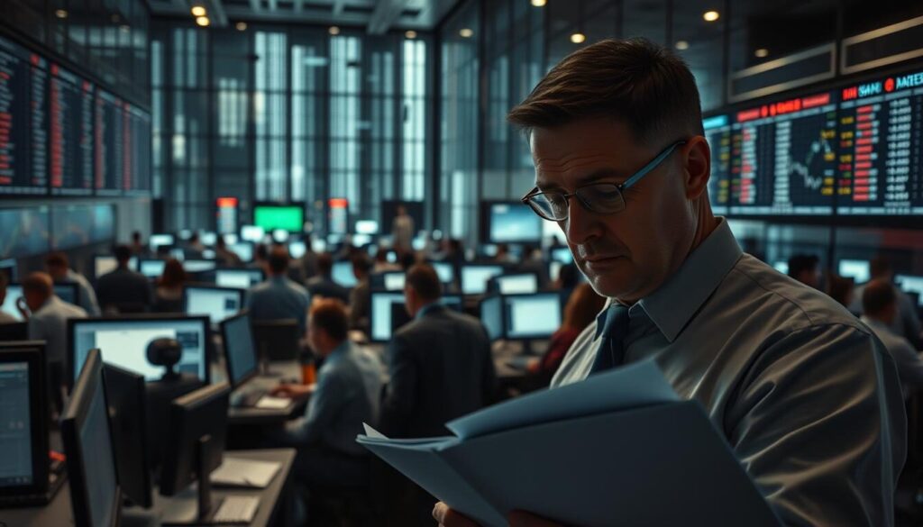 A bustling trading floor, the air charged with intensity. Brokers and analysts huddled over sleek computer monitors, poring over complex financial data. Holographic displays flicker with real-time market updates, the glow casting a moody, authoritative ambiance. In the foreground, a senior compliance officer scrutinizes a stack of regulatory documents, brow furrowed in concentration. The background is a maze of towering glass walls, casting long shadows that add depth and a sense of gravitas to the scene. Soft, directional lighting accentuates the serious, high-stakes nature of the work, while a muted color palette of grays, blues, and blacks conveys a sense of professionalism and control.
