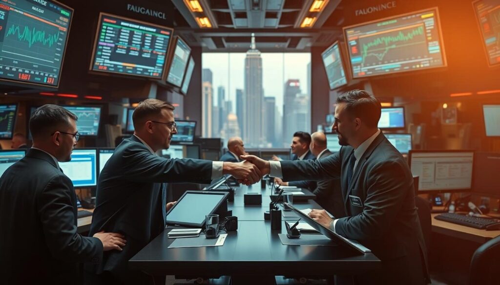 A bustling trading floor, traders engrossed in negotiating deals, surrounded by state-of-the-art computer displays and financial data feeds. Warm, muted lighting casts a focused atmosphere as they carefully select their trading partners, weighing risks and potential returns. In the middle ground, a handshake symbolizes the closing of a lucrative transaction, while the background reveals the skyline of a vibrant financial center. The scene conveys a sense of professional expertise, calculated decision-making, and the high-stakes nature of the trading world.