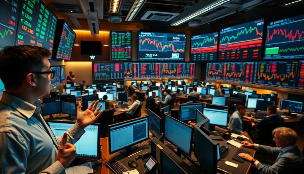 A bustling trading floor with brokers and analysts intently monitoring multiple screens displaying real-time forex data. The scene is bathed in a combination of warm overhead lighting and the cool glow of digital displays. In the foreground, a trader gestures emphatically while discussing liquidity strategies with colleagues. In the middle ground, several brokers huddle around a central control station, fingers flying across keyboards as they execute trades. The background is filled with a maze of desks, terminals, and an array of financial charts and graphs projected onto the walls, creating a sense of energy and information overload. The overall atmosphere conveys the high-stakes, fast-paced nature of the forex liquidity provider ecosystem.