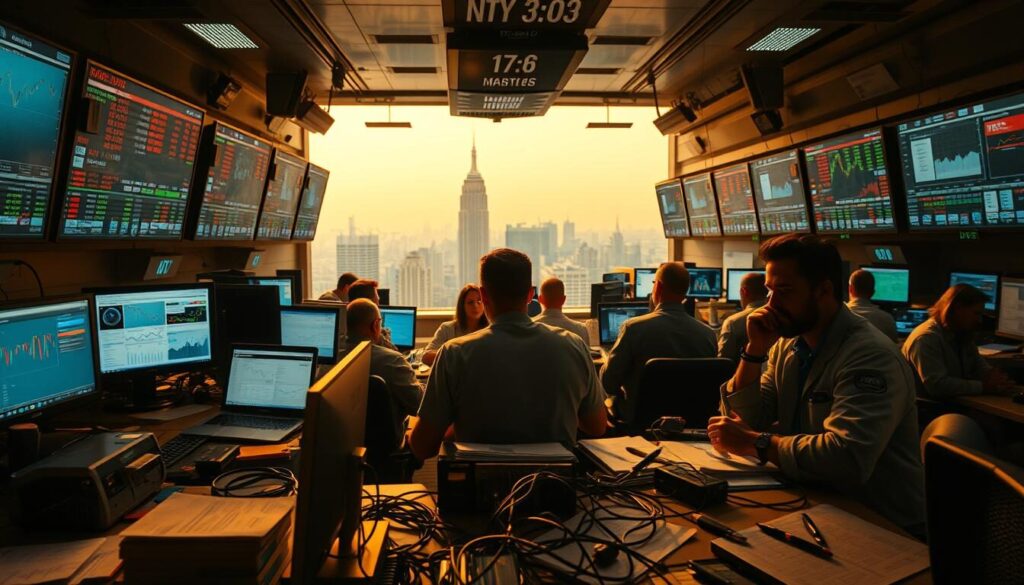 A bustling trading floor with brokers intently monitoring multiple screens displaying real-time market data. The scene is bathed in a warm glow from overhead lighting, casting dramatic shadows across the focused expressions of the traders. In the foreground, an array of trading instruments such as stock tickers, currency charts, and financial analysis tools are strewn across the desks, reflecting the wide range of assets and markets being tracked. The middle ground features a maze of cables and connectivity equipment, symbolizing the interconnected nature of global financial systems. In the background, a panoramic view of the cityscape beyond the trading hall windows provides a sense of scale and the broader economic context. The overall atmosphere conveys the high-stakes, fast-paced nature of modern financial markets.