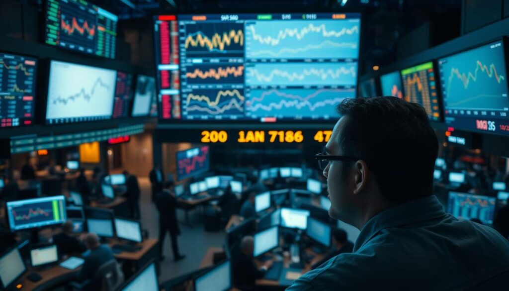 A bustling trading floor with diverse indices displayed on multiple screens. In the foreground, a trader meticulously analyzes charts and financial data, their face illuminated by the soft glow of the monitors. The middle ground showcases a series of line graphs, each representing a different index, such as the S&P 500, NASDAQ, and FTSE 100, illustrating the intricate web of global market movements. The background is a panoramic view of the trading hub, with rows of desks, traders engrossed in their work, and the occasional flash of a ticker tape. The scene conveys the dynamic, high-stakes nature of indices trading, where diversification is key to navigating the ever-changing financial landscape.