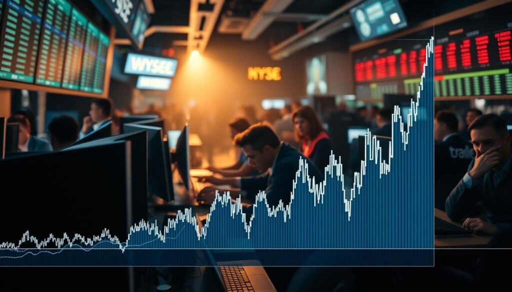A bustling trading floor, with traders hunched over their screens, fingers dancing across keyboards. The air is charged with tension, the hum of computers and the occasional shout as orders are executed. In the foreground, a towering graph displays a dizzying array of fluctuating lines, representing the high-volume trading activity. The lighting is harsh, casting dramatic shadows across the scene, adding to the sense of intensity and urgency. The background is a blur of activity, with other traders and analysts poring over data, their faces illuminated by the glow of their monitors. The overall mood is one of concentrated focus, as everyone strives to capitalize on the dynamic market conditions.