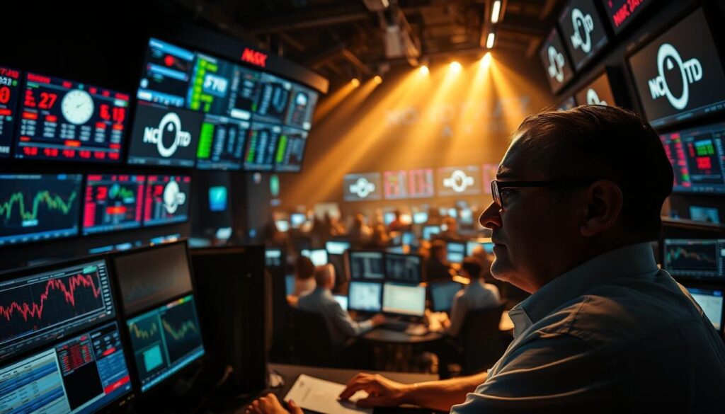 A bustling trading floor with traders intently focused on high-leverage opportunities. The foreground features a trader analyzing complex charts and graphs, their face lit by the glow of multiple screens. In the middle ground, a team of analysts collaborates, discussing intricate market data. The background showcases a panoramic view of the trading room, with screens displaying real-time financial information and the hum of activity. Dramatic lighting casts dramatic shadows, creating a sense of intensity and high-stakes decision making. The overall atmosphere conveys the thrill and challenge of leveraging NordFX to capitalize on fleeting market opportunities.