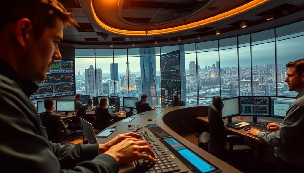A bustling trading floor with traders intently focused on multiple screens, displaying dynamic forex charts and indicators. The scene is bathed in a soft, warm light, creating a sense of intensity and concentration. In the foreground, a trader's hands rapidly tap on a keyboard, making lightning-fast decisions. The middle ground features a large, curved trading desk with state-of-the-art computer hardware and multiple monitors, reflecting the competitive nature of the environment. The background showcases a panoramic view of a modern financial district, with towering skyscrapers and a vibrant cityscape, hinting at the global scale of the forex market.