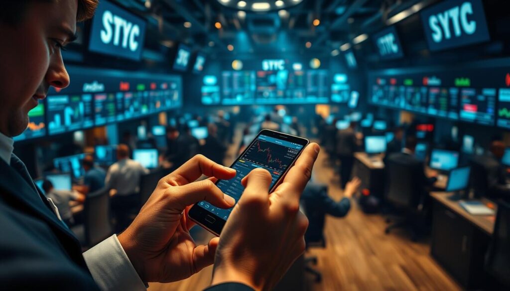 A bustling trading floor with traders intently focused on their mobile devices, executing trades with precision and lightning-fast reflexes. The foreground features a close-up view of a trader's hands deftly navigating a sleek, high-end smartphone, the screen displaying real-time market data and trading interfaces. The middle ground showcases a panoramic view of the trading environment, with rows of desks, multiple monitors, and a palpable sense of energy and concentration. The background is dimly lit, with dramatic shadows and highlights, creating an immersive, cinematic atmosphere that evokes the thrill and intensity of on-the-go financial transactions.