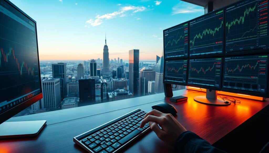 A busy trading desk with multiple high-resolution displays showing real-time financial data and charts. The desk is illuminated by a warm, focused lighting scheme, casting a soft glow on the various input devices, including a state-of-the-art keyboard and a precise trackpad. In the background, a panoramic view of a bustling financial district, with skyscrapers and a clear, azure sky. The overall atmosphere exudes a sense of technology, efficiency, and the fast-paced nature of modern trading execution.