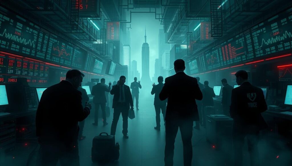 A chaotic, distorted OTC market where shadowy figures manipulate currency prices through complex algorithms and backroom deals. In the foreground, a tangled web of financial data and charts, obscured by a hazy, neon-tinged atmosphere. In the middle ground, silhouetted traders make furtive gestures, their faces hidden. The background is a labyrinth of towers and skyscrapers, casting an ominous shadow over the proceedings. The scene is lit by a sickly, flickering light, creating an unsettling, unseen-forces vibe. The overall impression is one of unchecked greed, subterfuge, and the dark underbelly of the foreign exchange market.